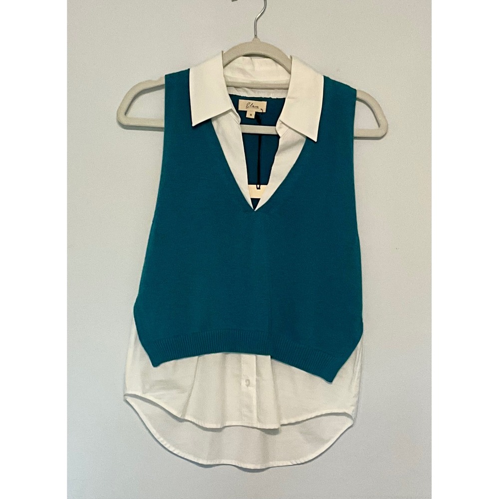 Elan Women Teal Blue Layered Look Cotton Sweater Vest White Shirt Top SWV11332 S